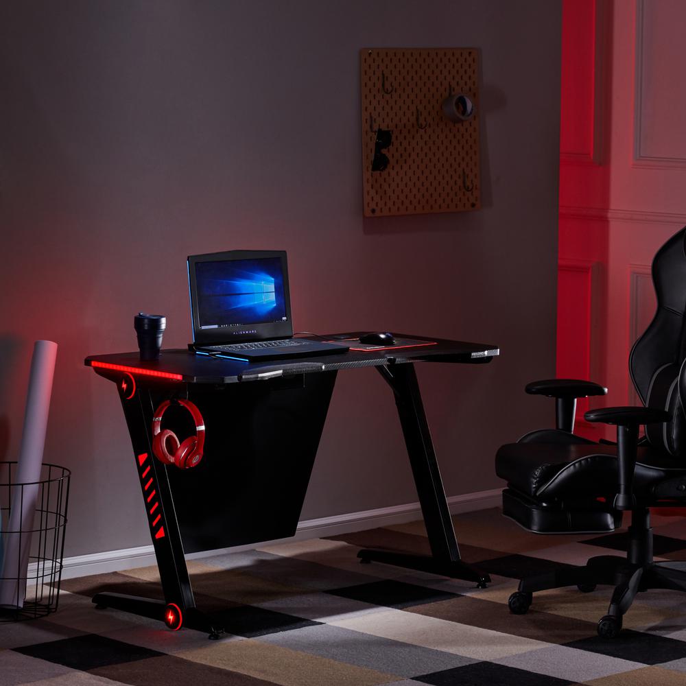 Merax Black Gaming Desk With Rgb Led Lights And Headphone Hook