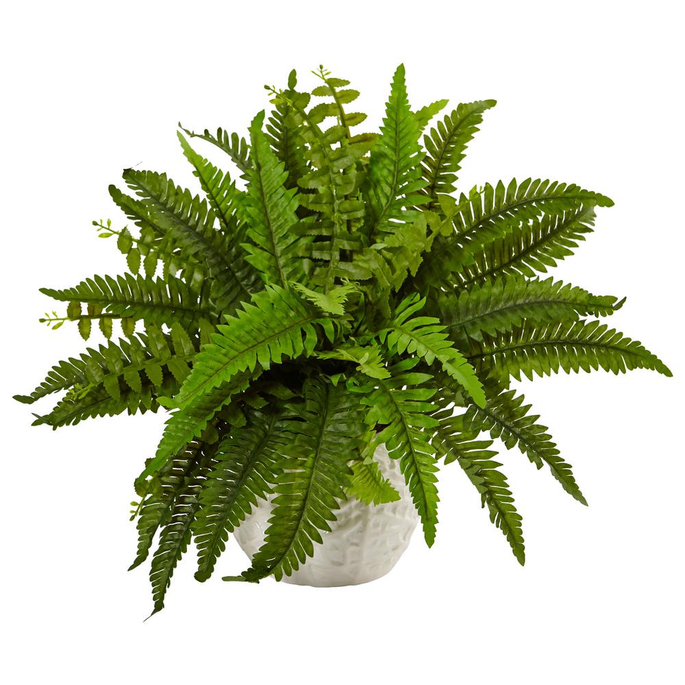 Nearly Natural Indoor Boston Artificial Fern In White Planter 6308 The Home Depot