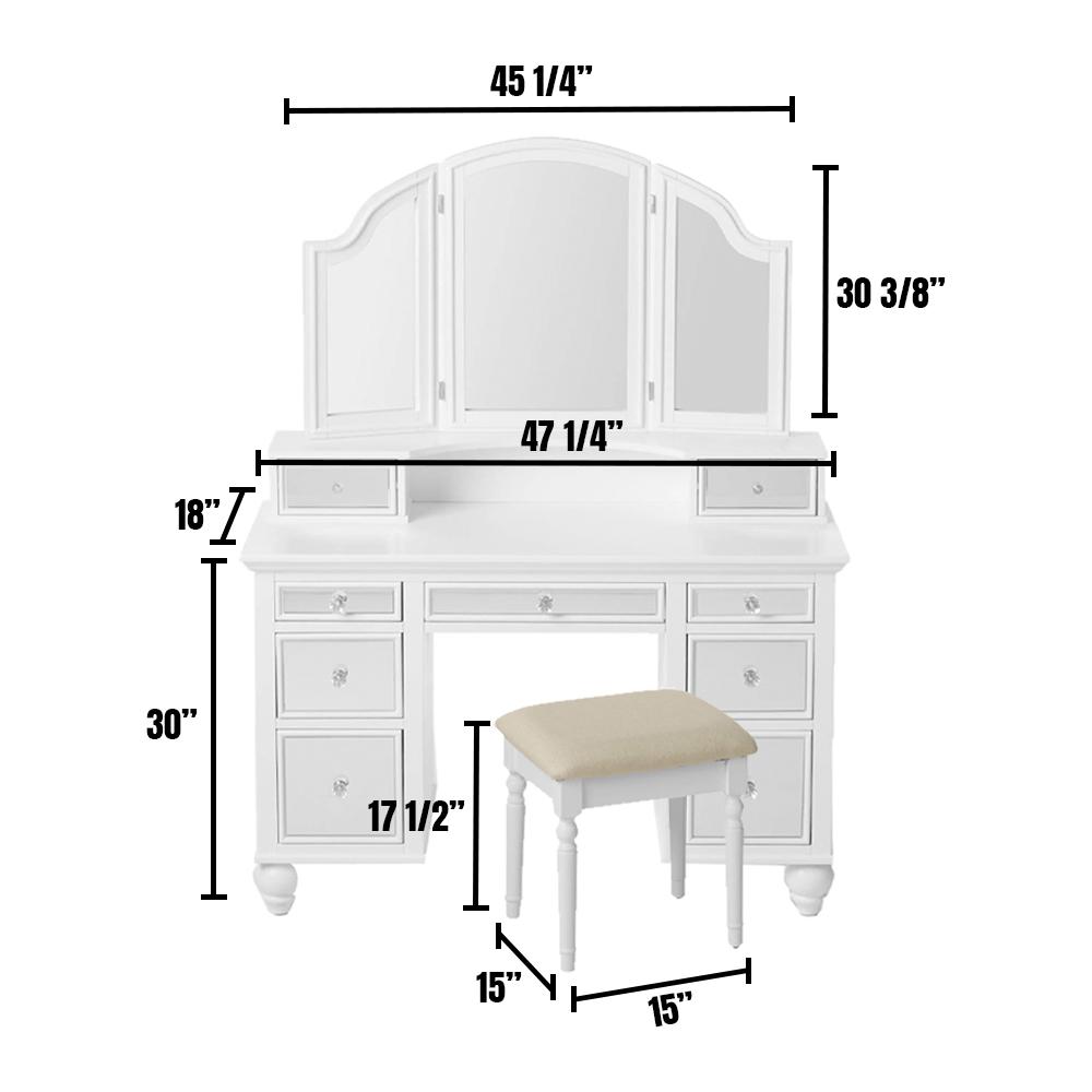 William S Home Furnishing White Tracy Vanity Mirror And Stool Set With Contemporary Style Storage Drawers And 3 Mm Mirror Inserts Cm Dk6162wh The Home Depot