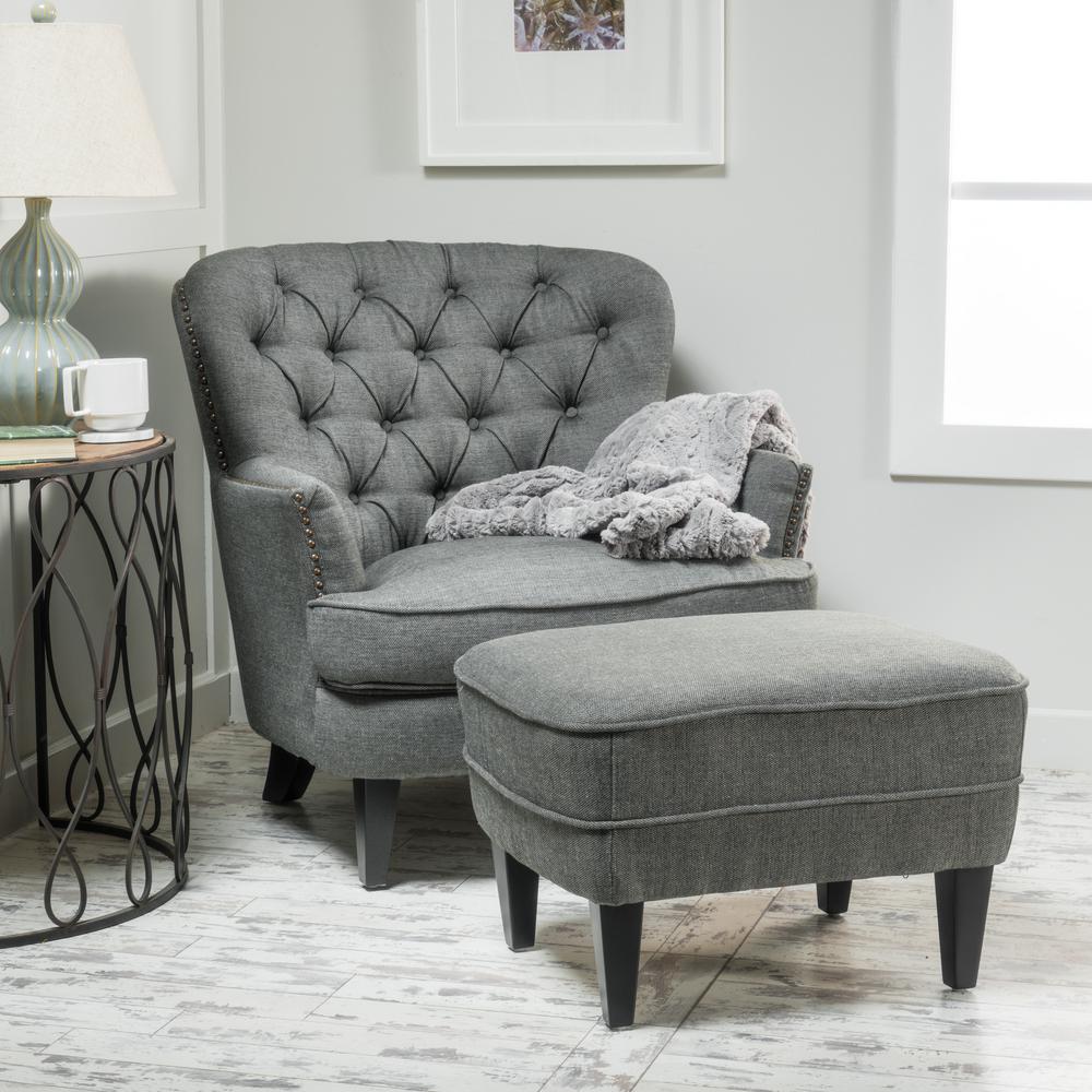 Noble House Tafton Grey Fabric Tufted Club Chair And Ottoman Set