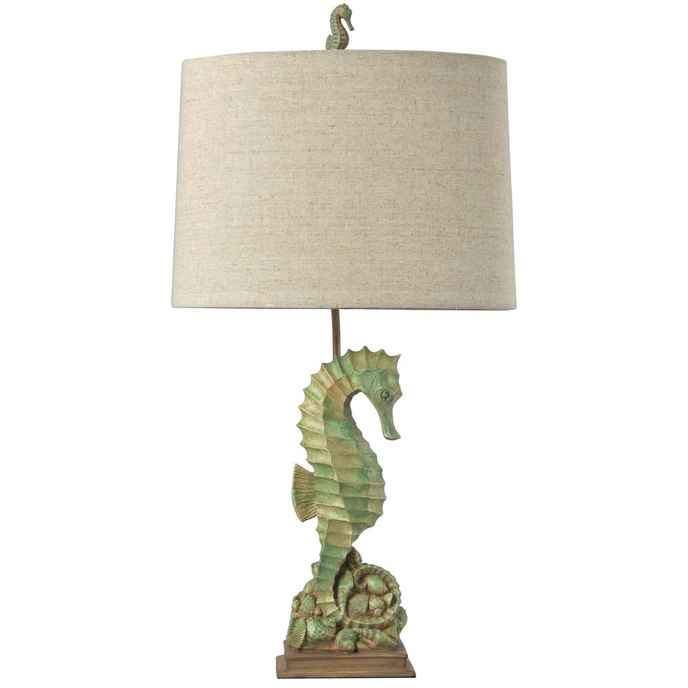Stylecraft 31 In Seafoam Green With Hints Of Beige And Tan Table Lamp Oatmeal Fabric Shade