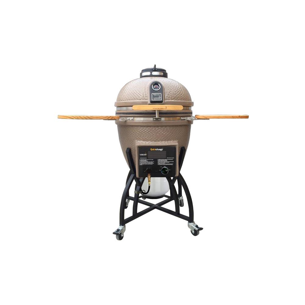 Vision Grills Hybrid Kamado Charcoal and Gas Grill in Taupe with Grill CoverST4C1D1H The