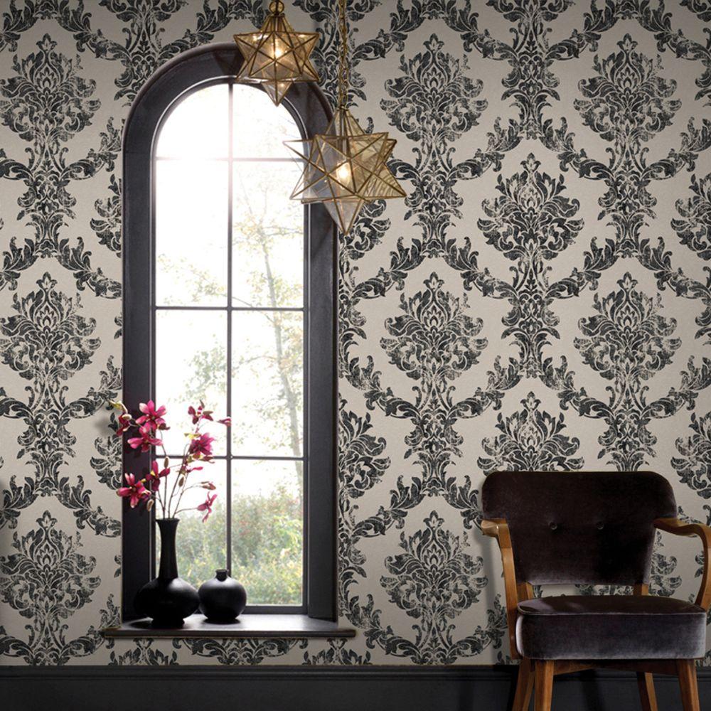 Graham & Brown Opal Damask Charcoal and Gold Wallpaper Sample10147094 The Home Depot