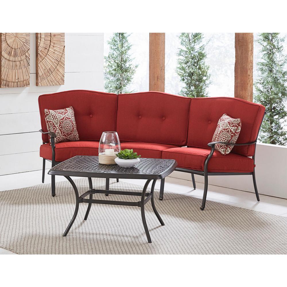 Hanover Traditions 2 Piece Aluminum Patio Conversation Set With Red Cushions Cast Top Coffee Table And Crescent Sofa Trad2pcct Red The Home Depot