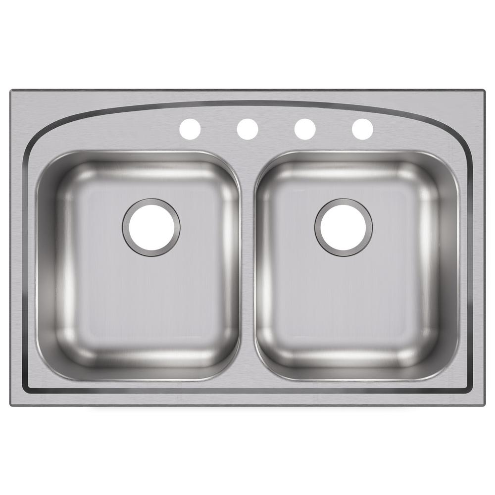 Top Mount Stainless Steel (Silver) 33 in. 4-Hole Double Bowl Kitchen Sink