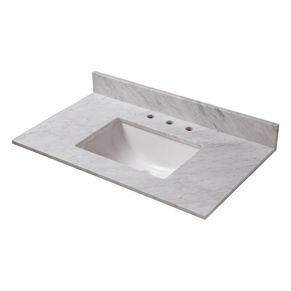 Home Decorators Collection 31 In W Marble Vanity Top In Carrara With White Trough Sink 26108 The Home Depot