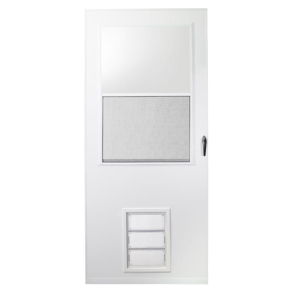 Emco 36 In X 78 100 Series White Self Storing Storm Door E1ss K900 Series White Vinyl Self Storing Pet