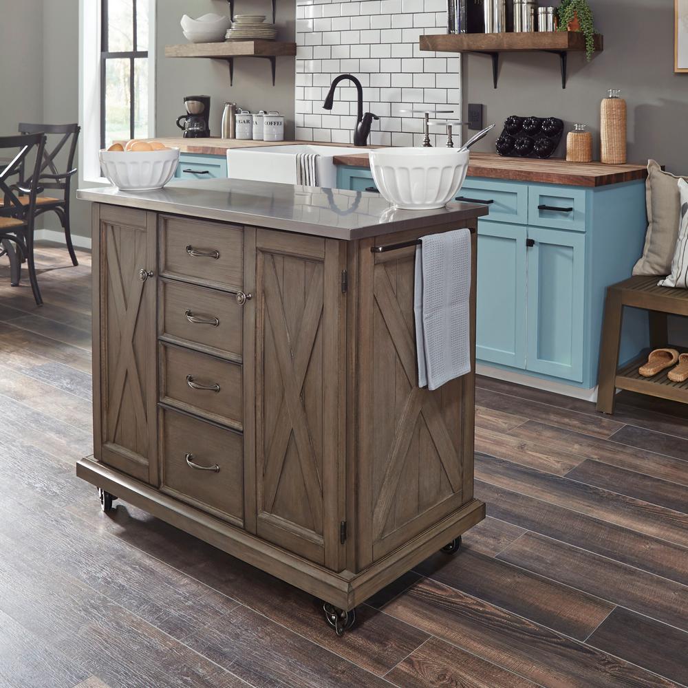 HOMESTYLES Mountain Lodge Gray Kitchen Cart with Stainless Steel Top