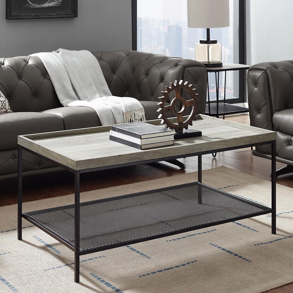 Walker Edison Furniture Company 18 In Grey Wash Wood Coffee Table Grey Wash Wood Coffee Table With Lower Mesh Shelf