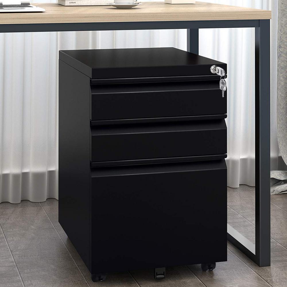 Boyel Living 3 Drawers Black Home Office Lockable File Cabinet