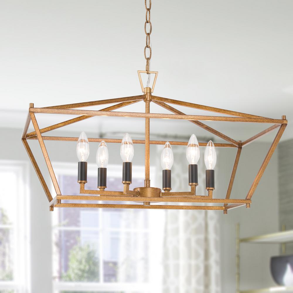 Uolfin Modern Farmhouse Chandelier Scott 6 Light Brass Island Pendant With Black Candlestick X7ffjmhd23842nm The Home Depot - Gold Candlestick Pendant Light
