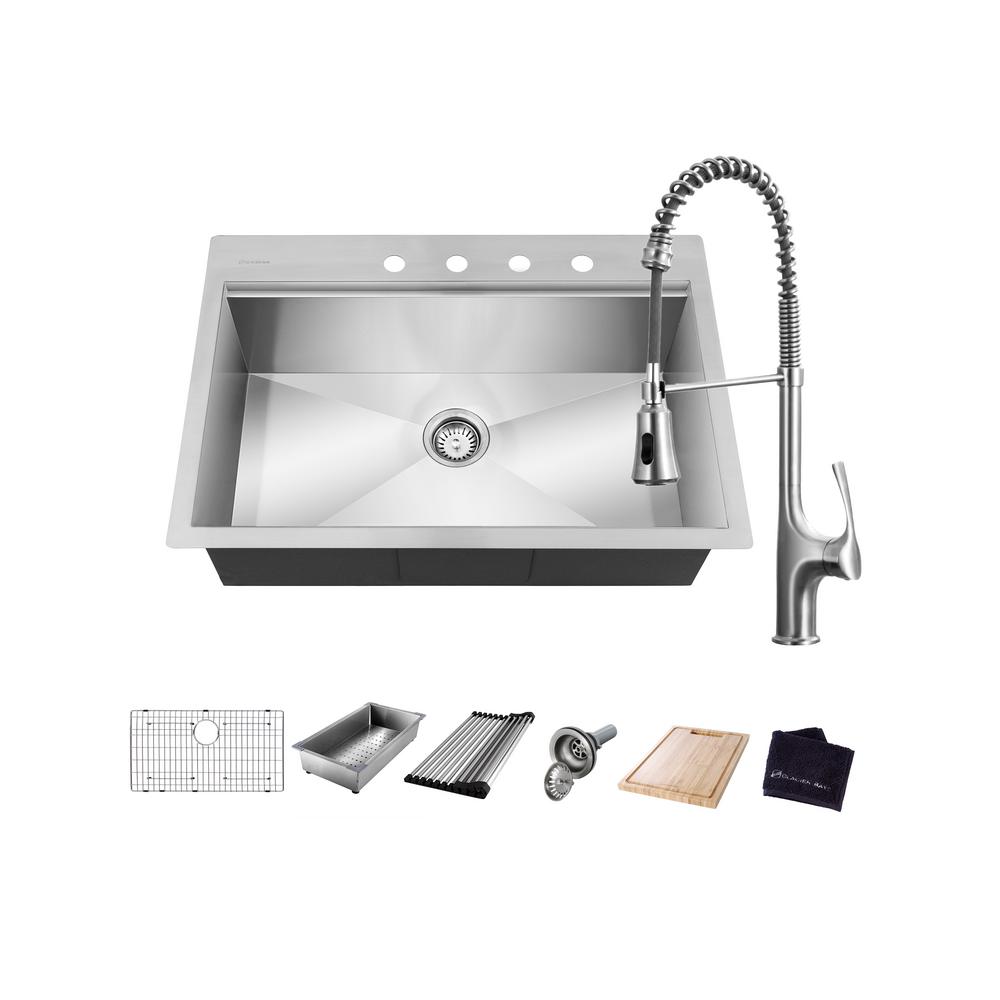 Glacier Bay All In One Drop In Stainless Steel 30 In 4 Hole Single Bowl Kitchen Workstation Sink With Faucet And Accessories 4308f 2 The Home Depot