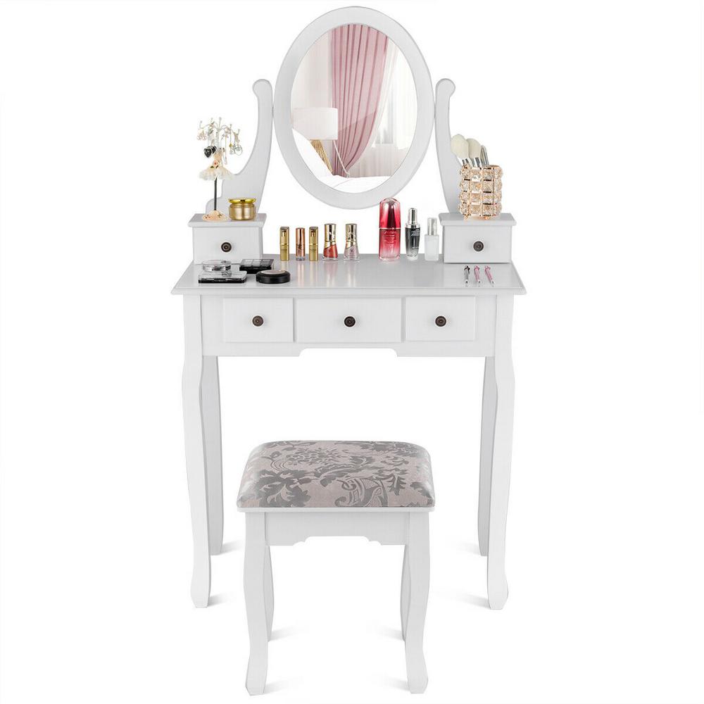 Costway 2 Piece White Makeup Desk Vanity Dressing Table Set With