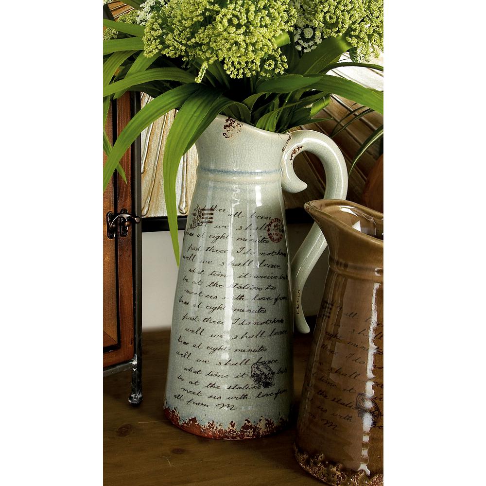 Litton Lane 12 In Globetrotter Taupe And White Ceramic Decorative Globetrotter Taupe And White Ceramic Decorative Pitcher Vase Set Of 2