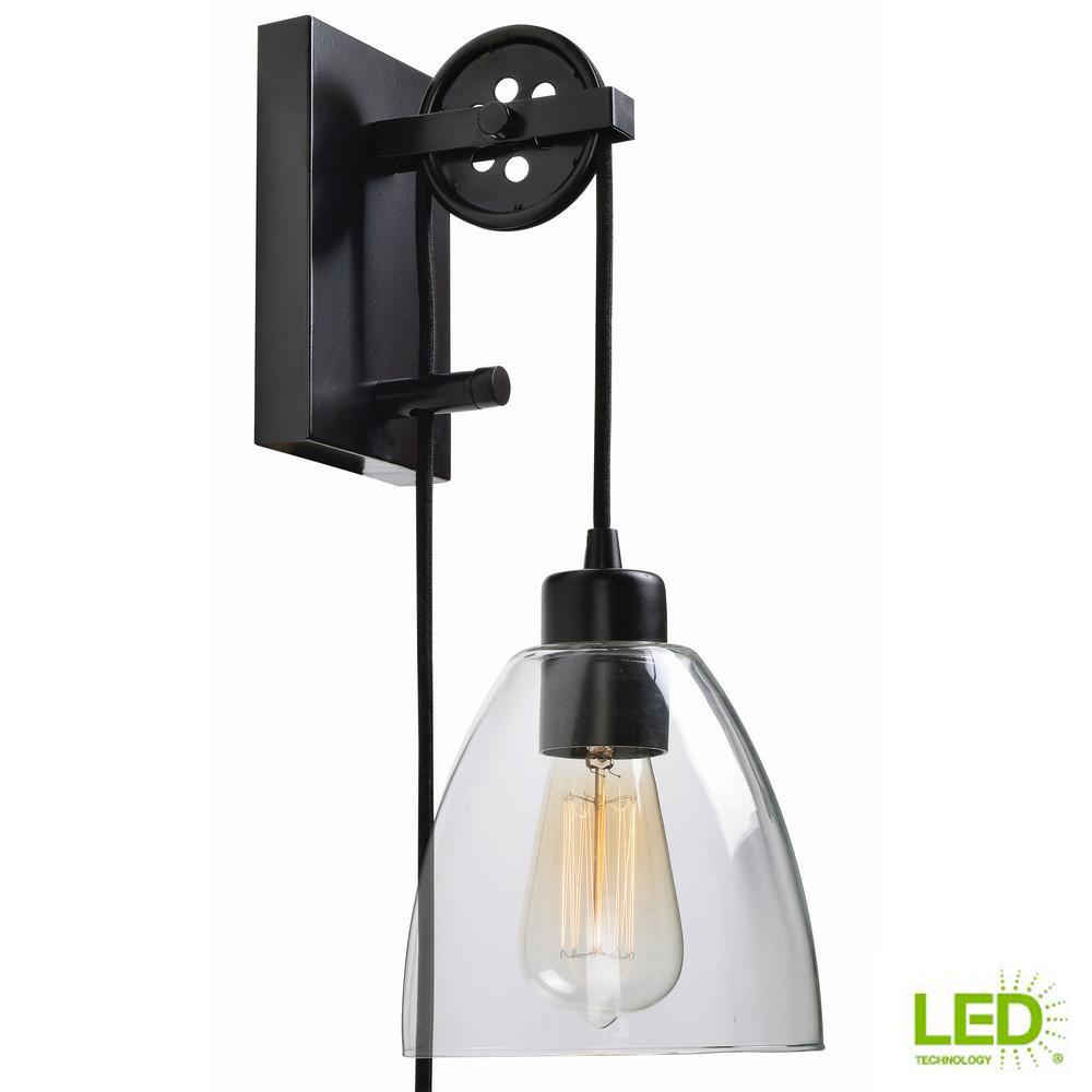 Led Industrial Sconces Lighting The Home Depot 1 Light Oil Rubbed Bronze Clear Glass Plug In Wall Sconce Adjule Pulley