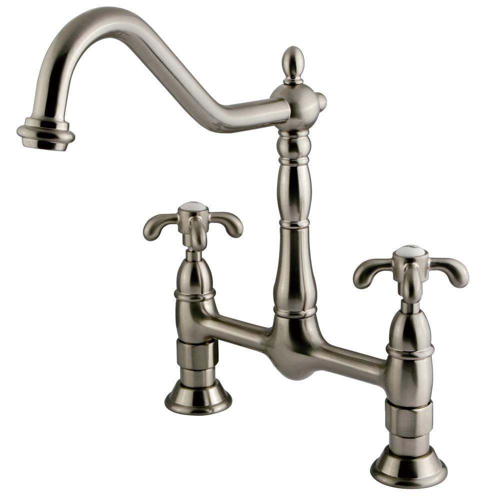 Kingston Brass Victorian 2 Handle Bridge Kitchen Faucet With Cross In Brushed Nickel
