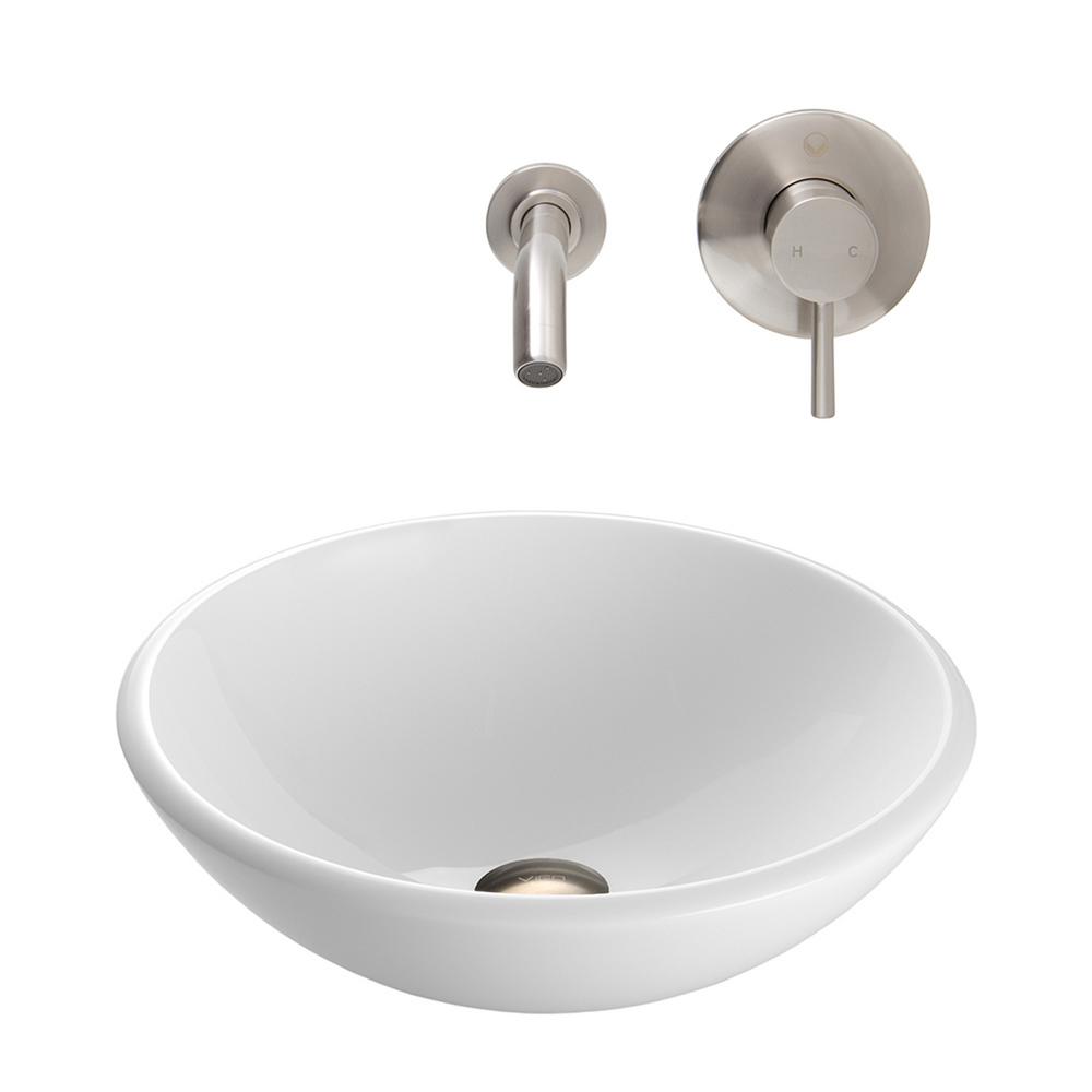 Vigo White Phoenix Stone Vessel Bathroom Sink With Wall Mount Faucet Set In Brushed Nickel