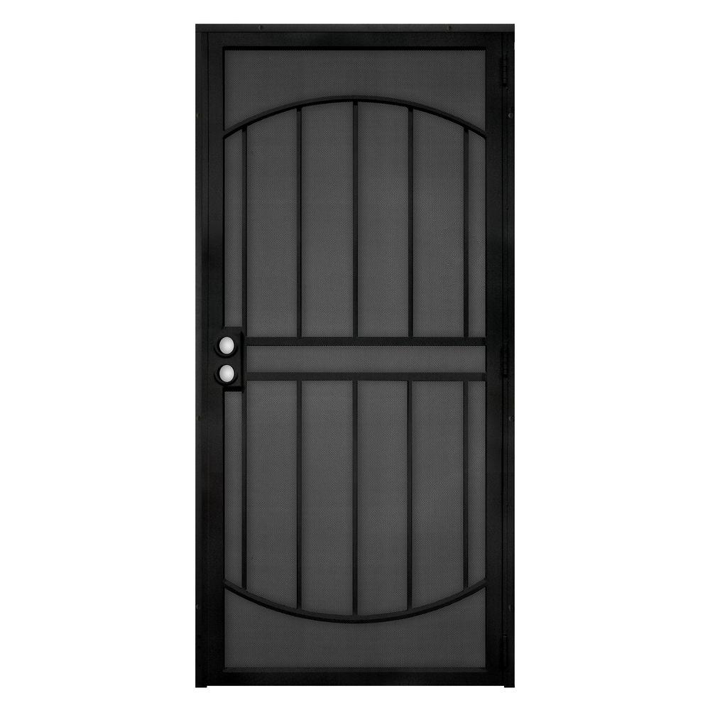 Unique Home Designs 36 In X 80 In Arcada Black Surface Mount Outswing Steel Security Door With Expanded Metal Screen