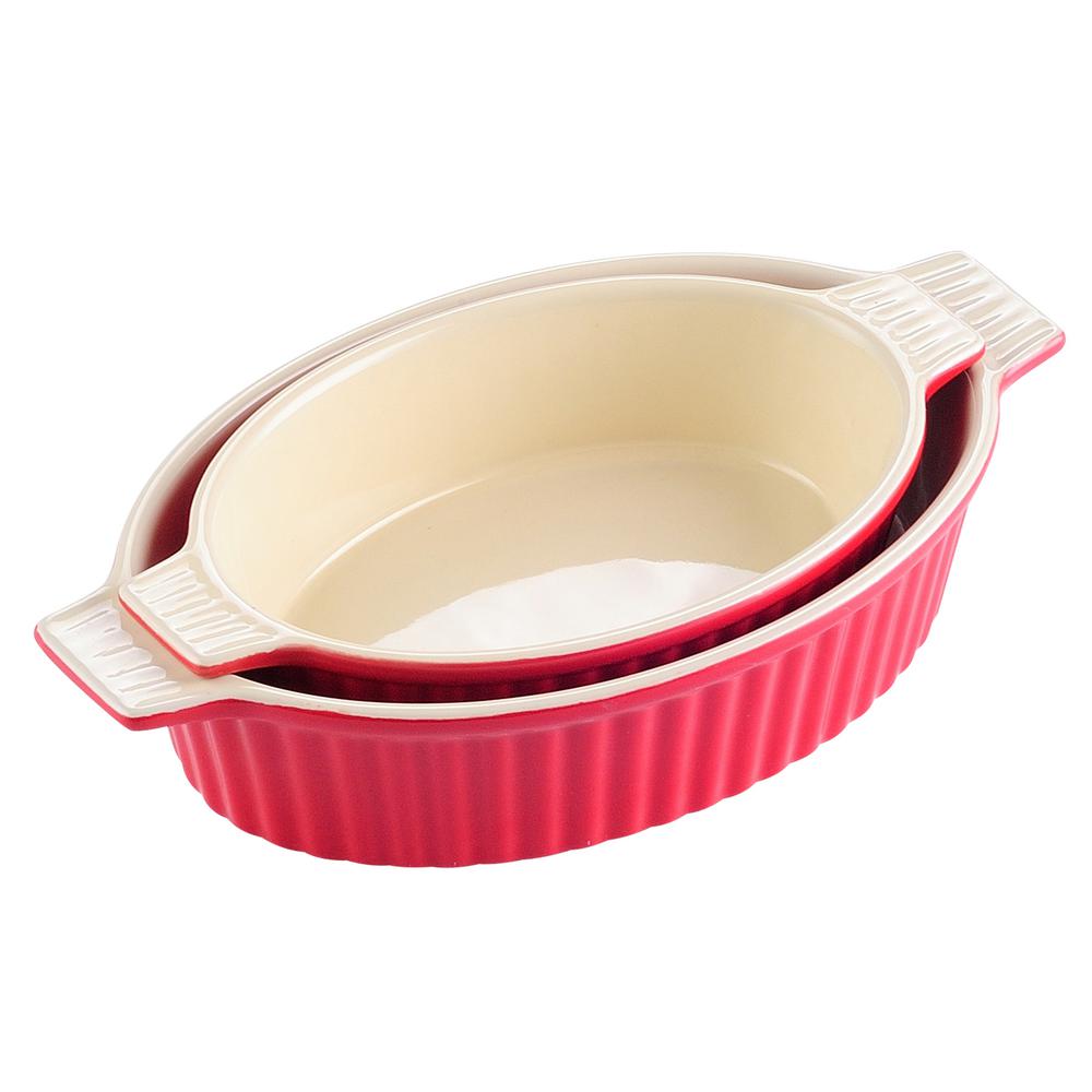 MALACASA 2Piece Red Oval Porcelain Bakeware Set 9.5 in. and 11.25 in