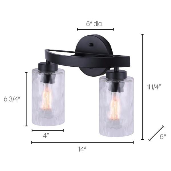 Canarm Newport 14 In 2 Light Matte Black Vanity Light With Watermark Glass Shades Ivl754a02bk The Home Depot