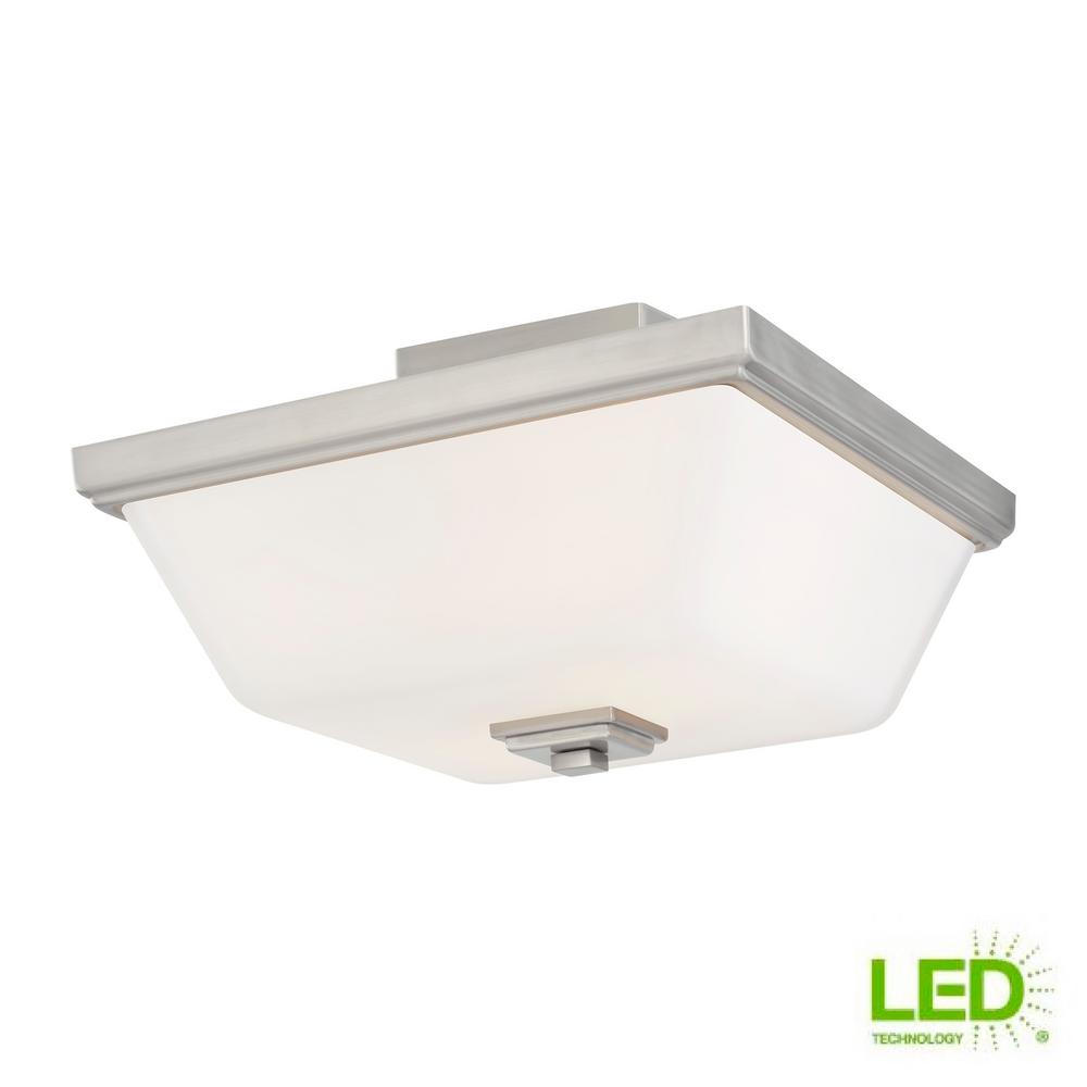 Brushed Nickel Finish Sea Gull Lighting 75952EN3-962 Stirling Two-Light Flush Mount Ceiling Light with Glass Diffuser and White Linen Fabric Shade