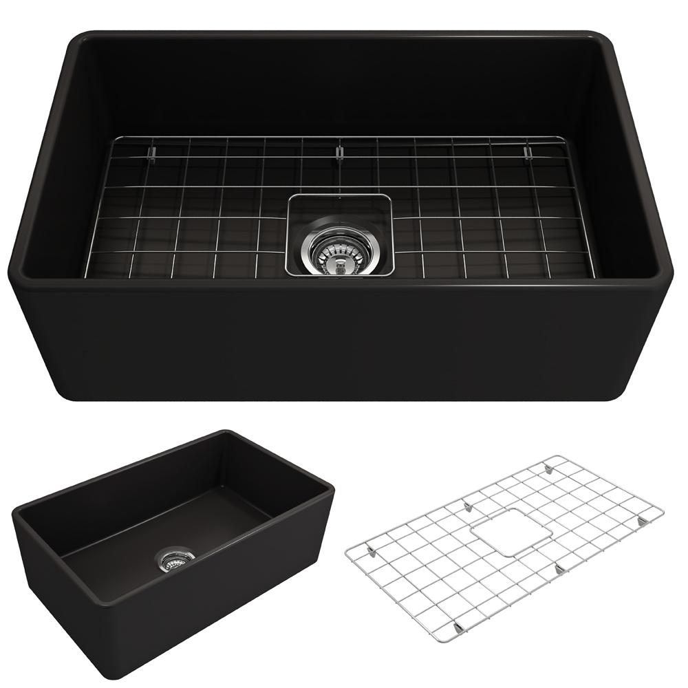 Classico Farmhouse Apron Front Fireclay 30 in. Single Bowl Kitchen Sink with Bottom Grid and Strainer in Matte Black