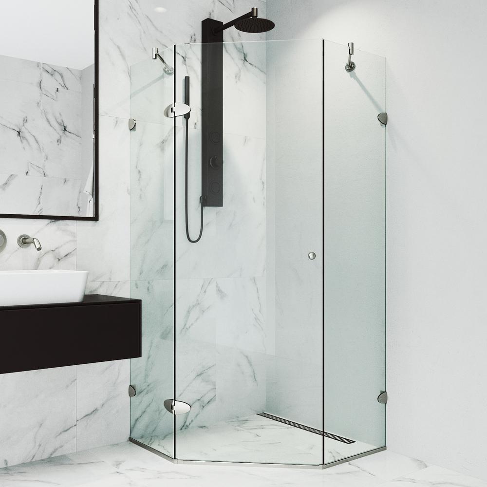 VIGO Verona 38.125 in. x 73.375 in. Frameless Neo-Angle Hinged Corner Shower Enclosure in Brushed Nickel and Clear Glass