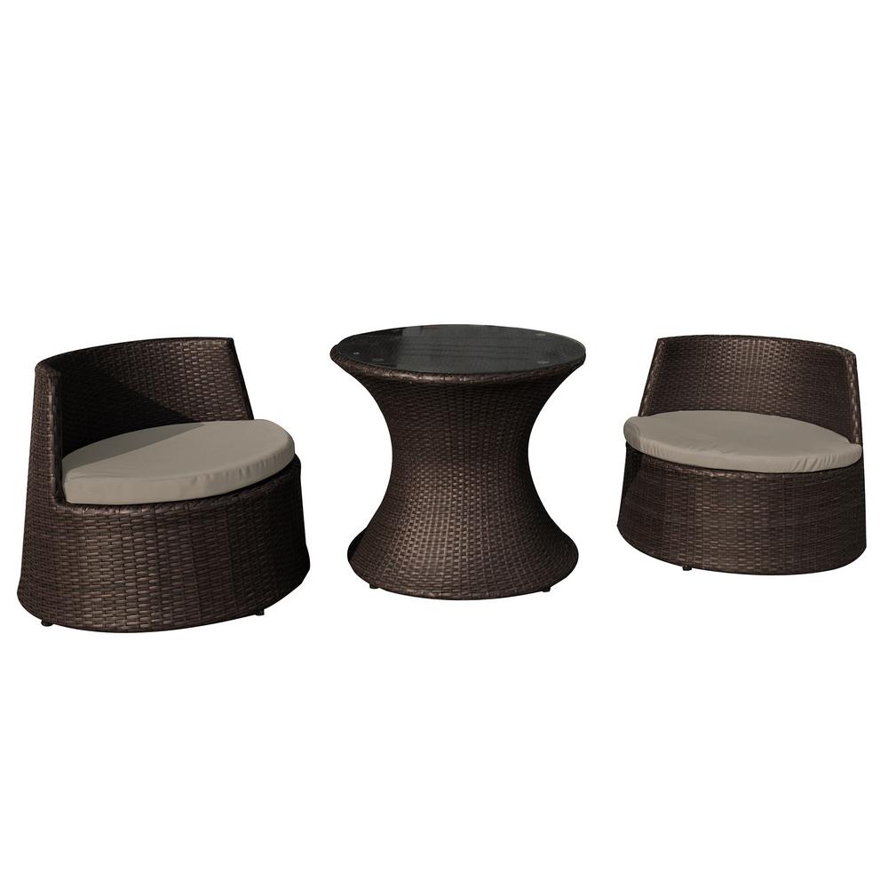 Island Retreat Oasis Resin Wicker Style 3 Piece Plastic Chat Set Black For Outdoor Use With Included Cushions