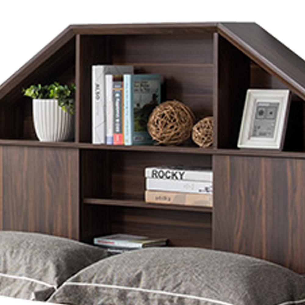 Benjara Dark Walnut Brown Full Size Hut Style Wooden Bookcase