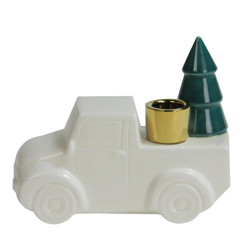 Northlight 6 In White Ceramic Truck With Christmas Tree Taper Candlestick Holder 33750184 The Home Depot