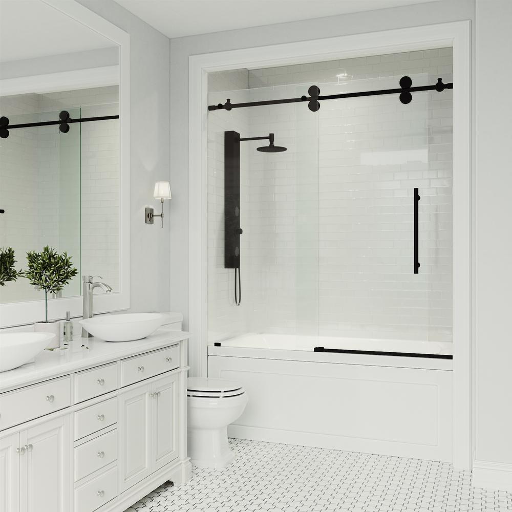 Vigo Elan 56 To 60 In X 66 In Frameless Sliding Tub Door In Clear Matte Black With Clear Glass And Handle