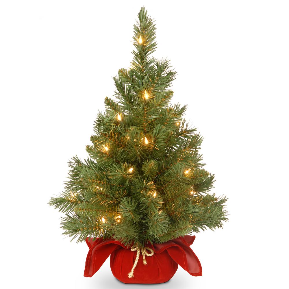 National Tree Company 24" Majestic Fir Tree in Burgundy Cloth Bag with 35 clear Lights