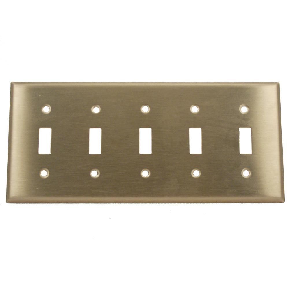 Leviton 5Gang 5Toggle Standard Size Wall Plate, Stainless Steel84023