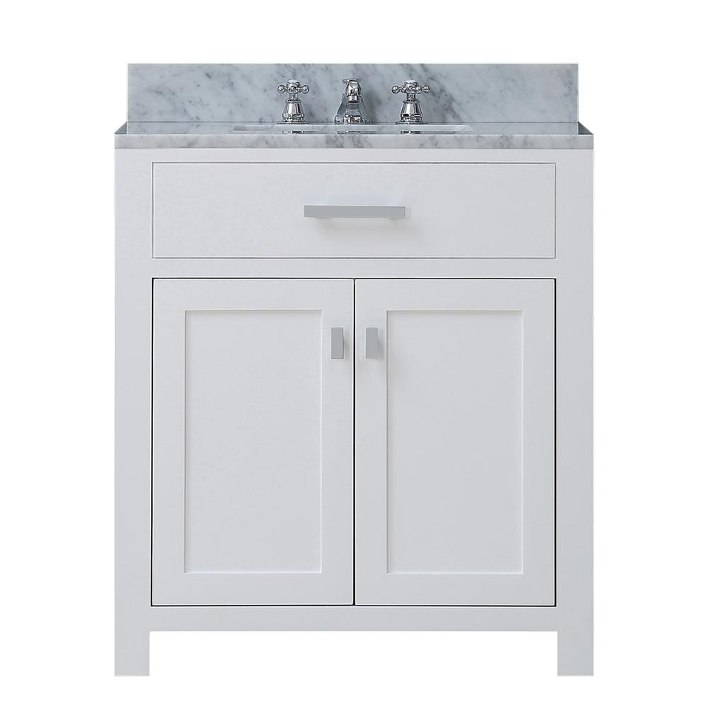 madison 30 in. vanity in modern white with marble vanity top in carrara  white