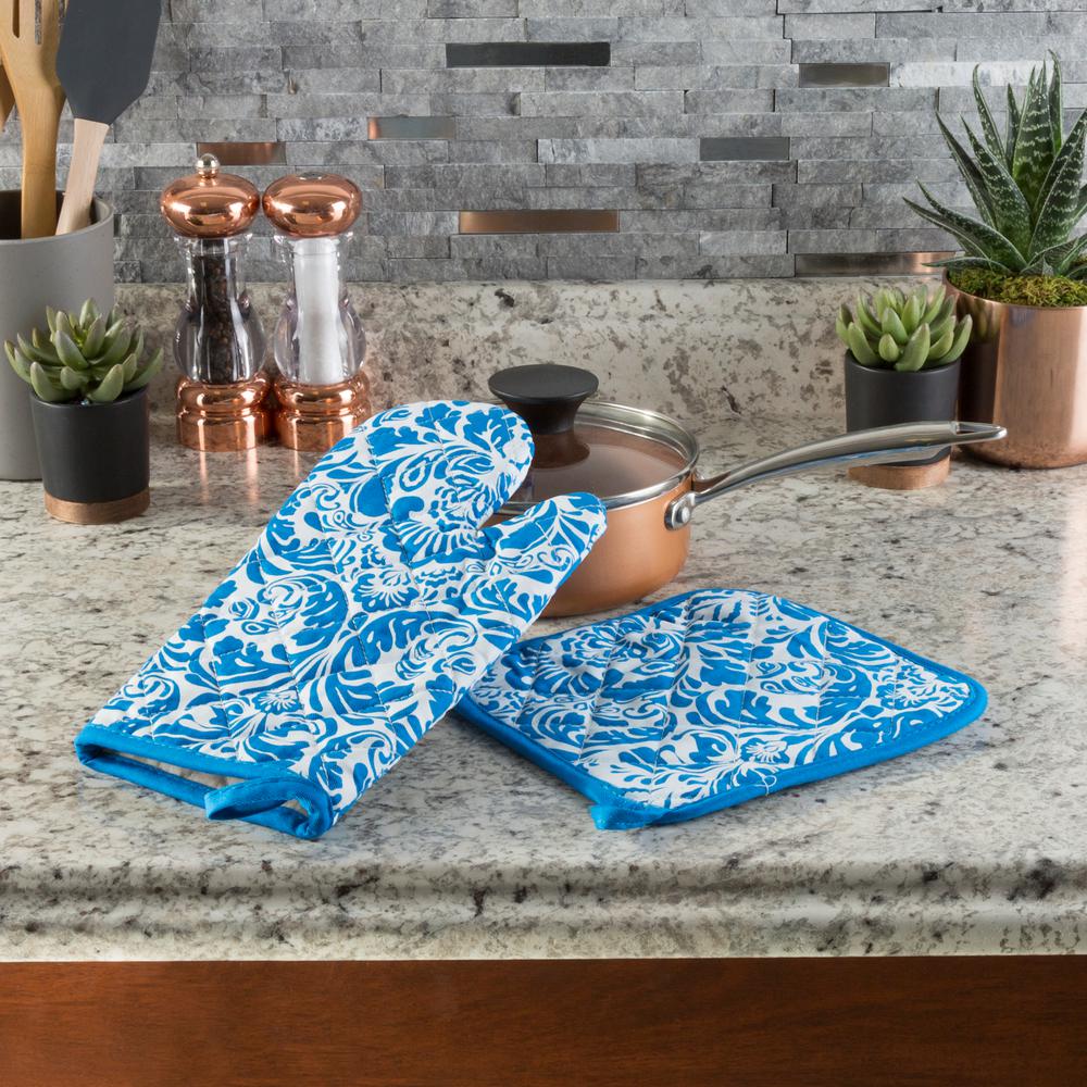Cotton Oven Mitts Pot Holders Kitchen Gadgets Tools The Quilted Cotton Blue Heat Flame Resistant Oven Mitt And Pot Holder Set 2