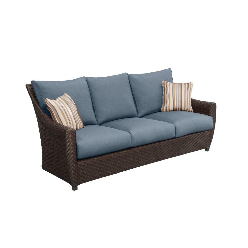 Brown Jordan Chocolate Outdoor Sofas Lounge Highland Patio Sofa With Denim Cushions And Terrace Lane Throw Pillows Custom