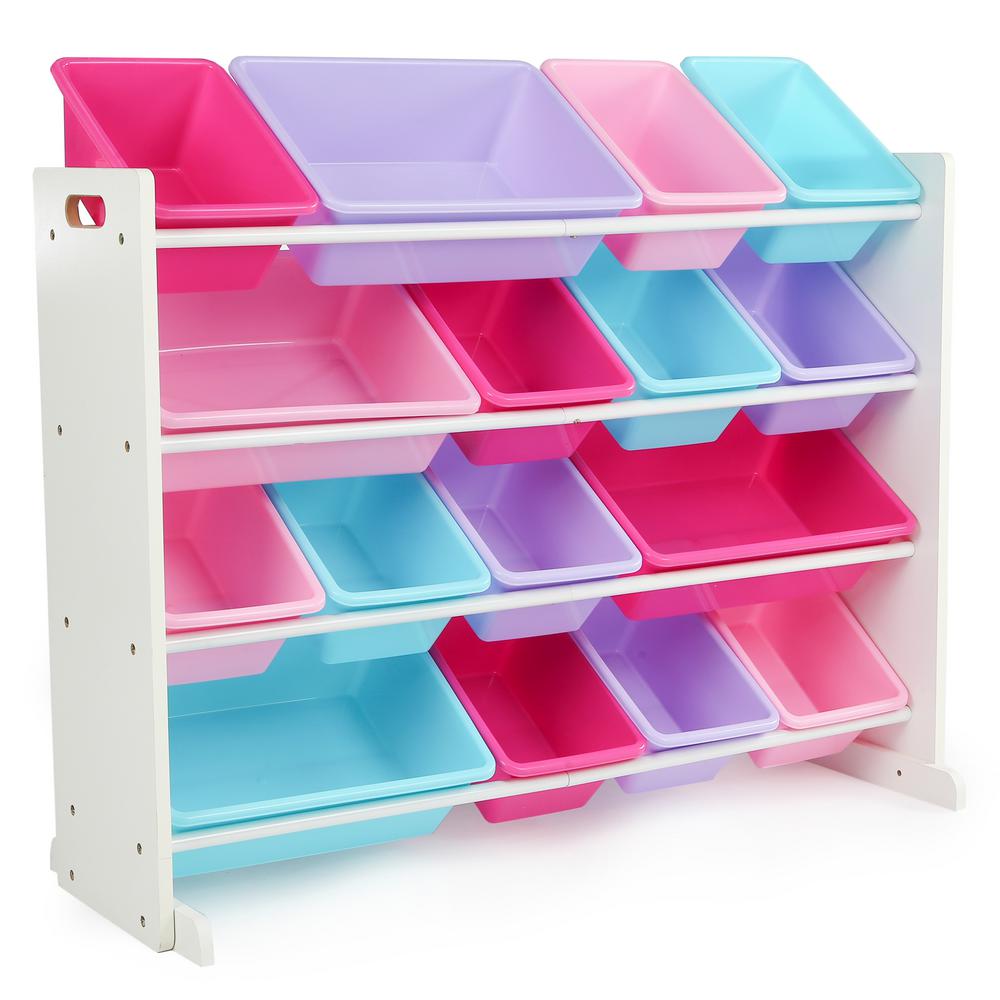 pink and white plastic toy box