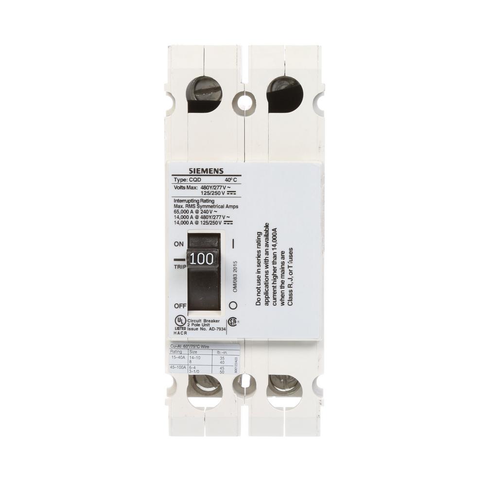 Siemens 100 Amp Double Pole Type CQD Cable In Cable Out DIN Rail Circuit Breaker by Siemens