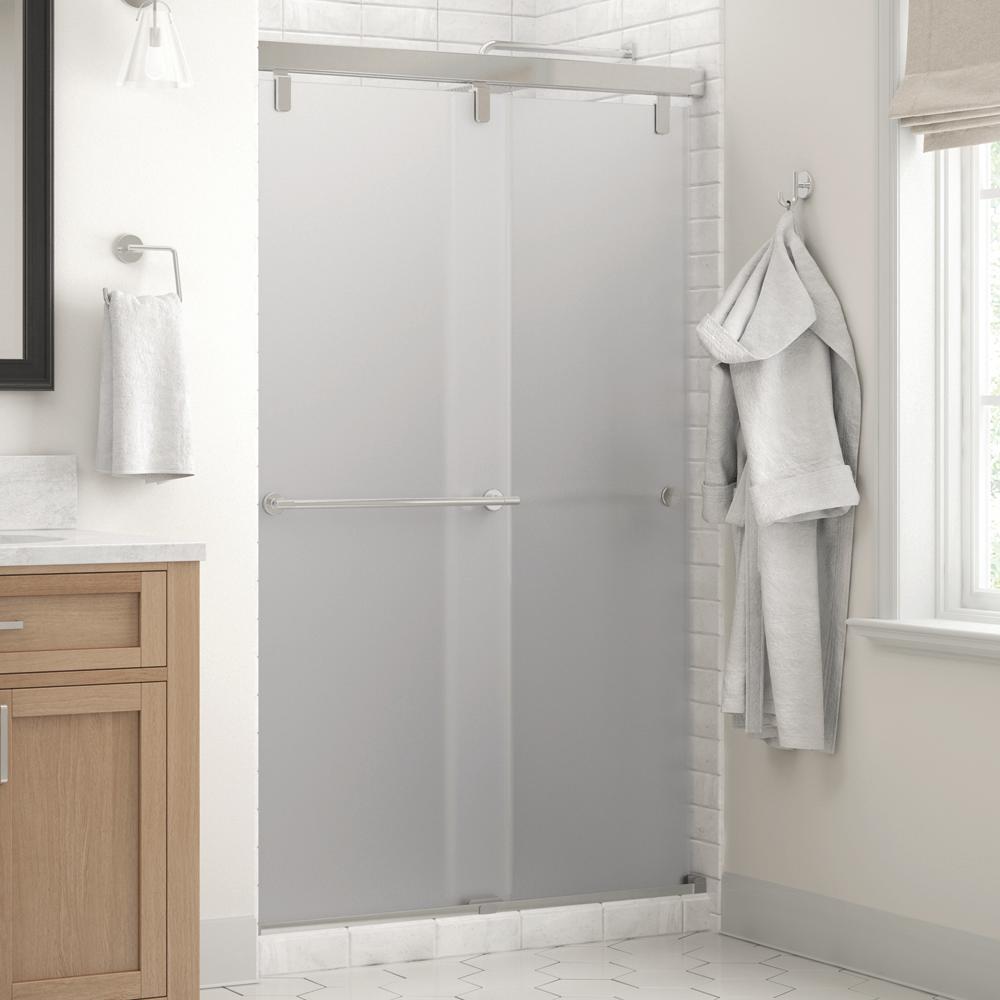 Delta Crestfield 48 In X 71 1 2 Semi Frameless Mod Sliding Semi Frameless Mod Sliding Shower Door In Chrome With 1 4 6mm Niebla Glass