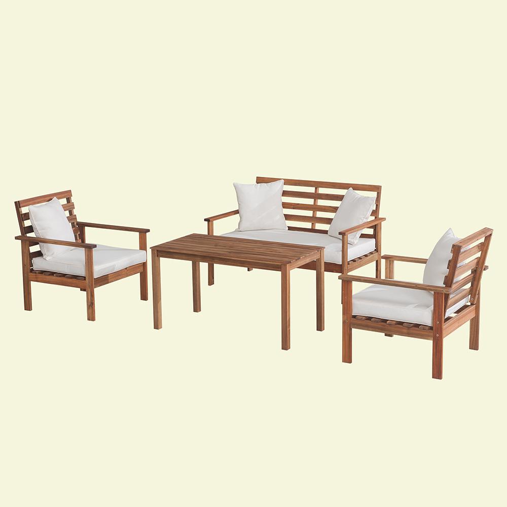 Sunjoy Bosco 4 Piece Wood Patio Seating Set With White Cushions And Bosco 4 Piece Wood Patio Seating Set With White Cushions And Pillows
