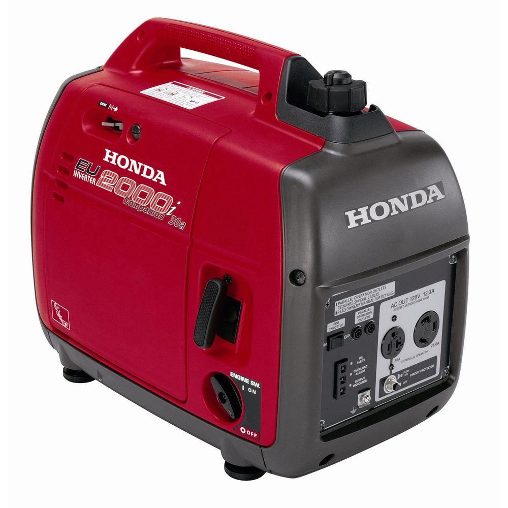 a red honda-branded generator with an standard household power socket, as well as an L6-30R socket.