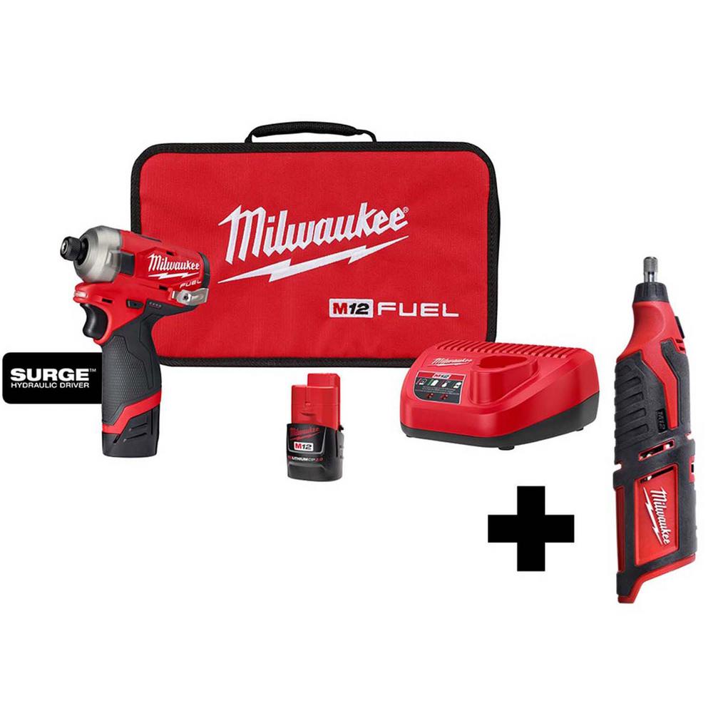 Milwaukee M12 FUEL SURGE 12V Lithium-Ion Brushless Cordless 1/4 in. Hex Impact Driver Compact Kit with M12 Rotary Tool