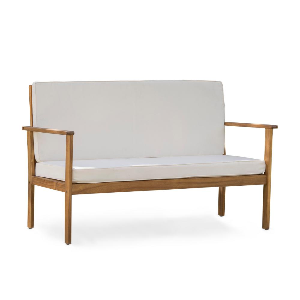 Noble House Luciano Brown Patina Wood Outdoor Bench With Cream