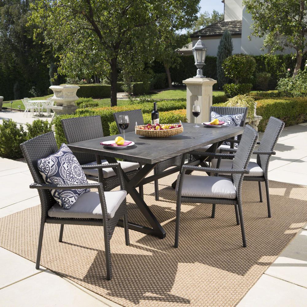 Noble House Black 7 Piece Wicker And Aluminum Rectangular Outdoor