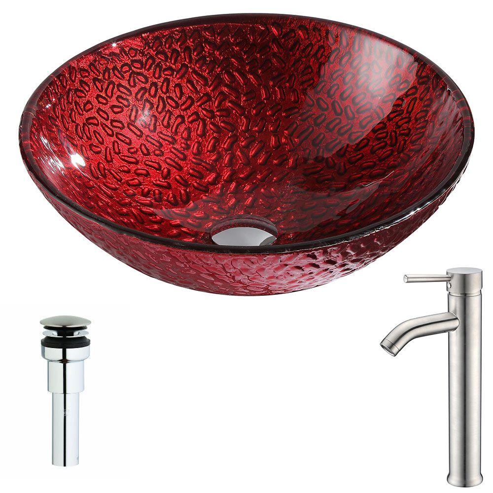 Rectangle Red Vessel Sinks Bathroom The Home Depot Rhythm Series Deco Gl Vessel Sink In Rous Red With Fann Faucet Polished Chrome