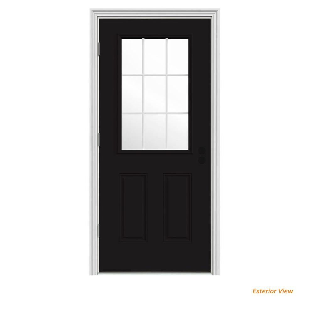 Jeld Wen 36 In X 80 In 9 Lite Black Painted W White Interior Steel Prehung Right Hand Outswing Back Door W Brickmould