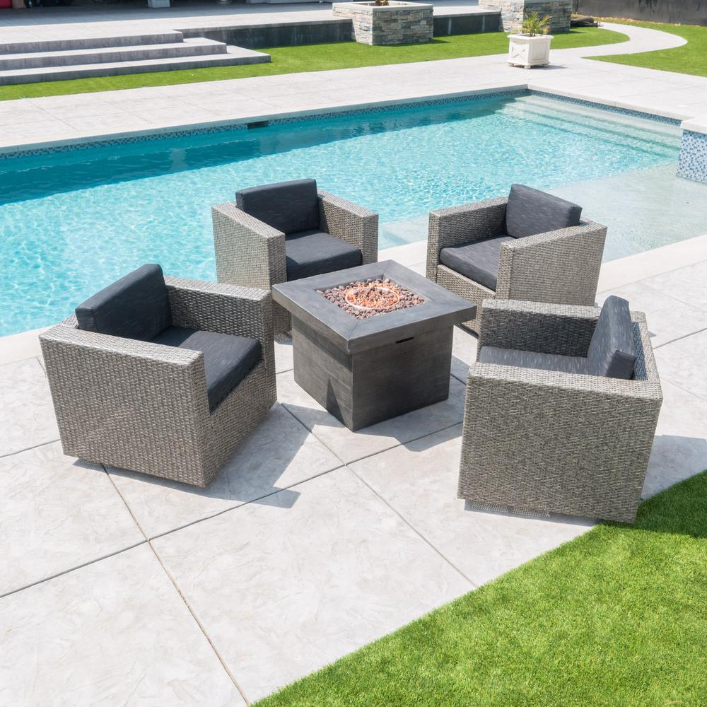 Noble House Puerta Mixed Black 4 Piece Wicker Patio Fire Pit