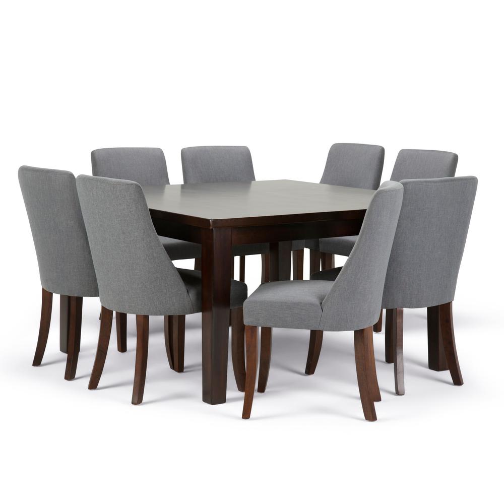 Simpli Home Walden 9 Piece Dining Set With 8 Upholstered Walden 9 Piece Dining Set With 8 Upholstered Chairs In Slate Grey Linen Look Fabric And 54 Wide Table
