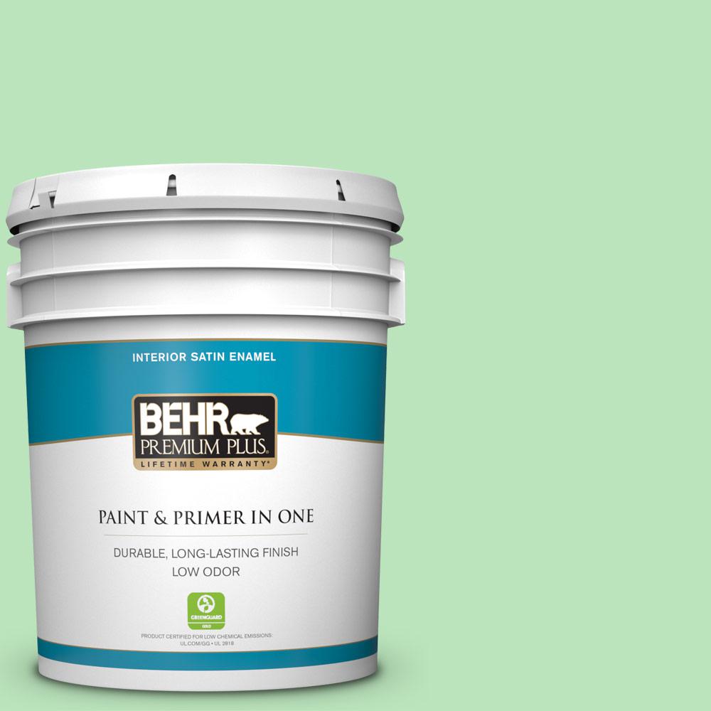 Behr Premium Plus 5 Gal P390 3 Mint Parfait Satin Enamel Low Odor Interior Paint And Primer In One