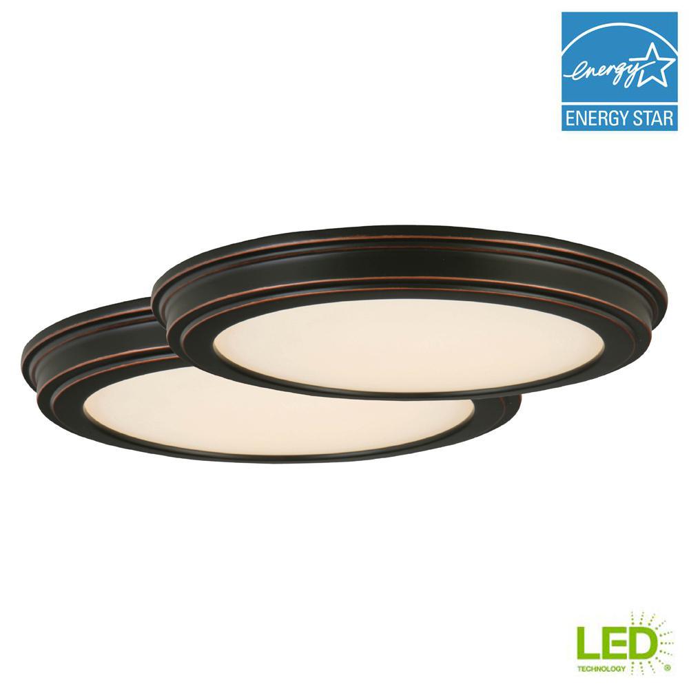 13 in. Oil Rubbed Bronze LED Ceiling Flush Mount with White Acrylic Shade (2-Pack)